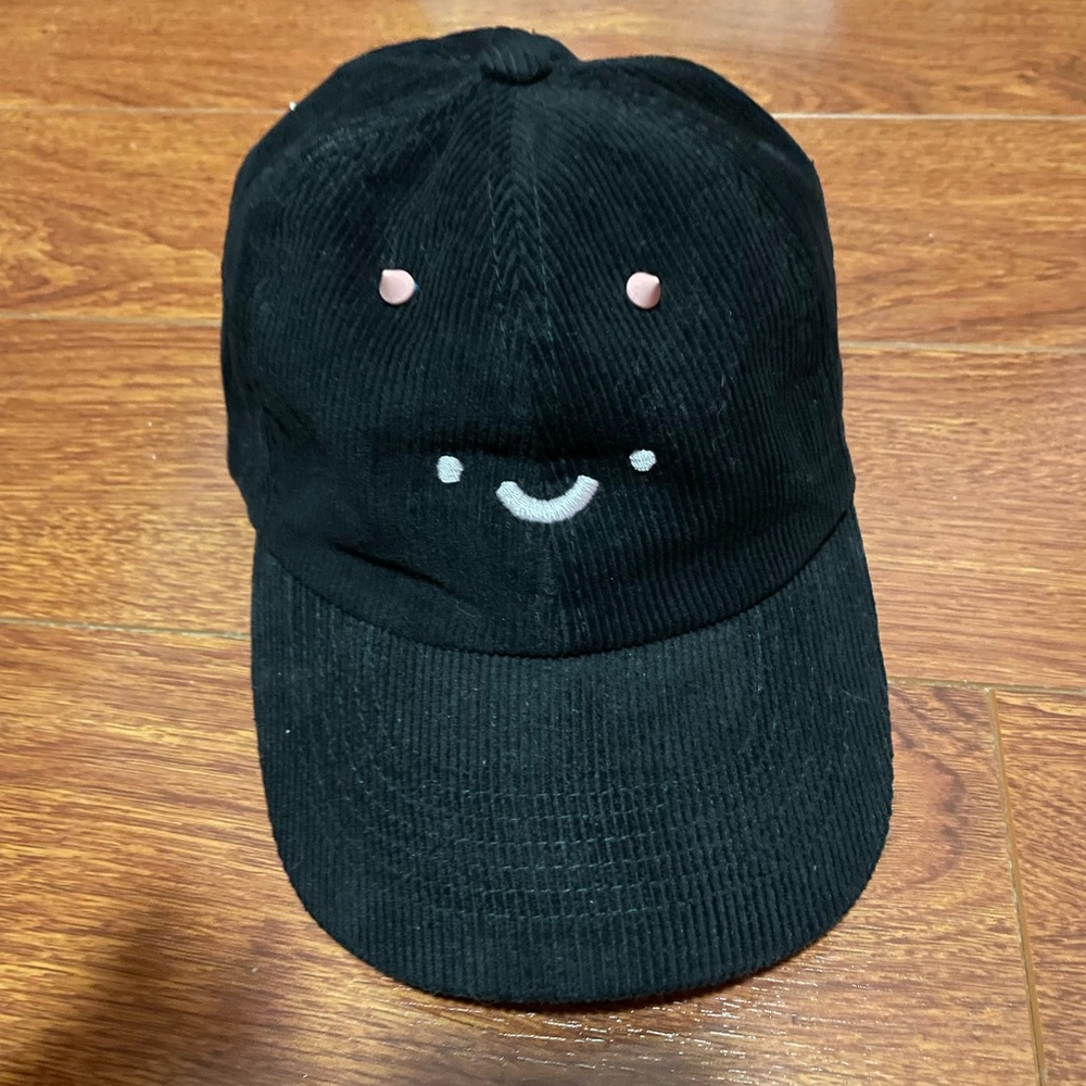 Black Corduroy Cap with Smiley Face